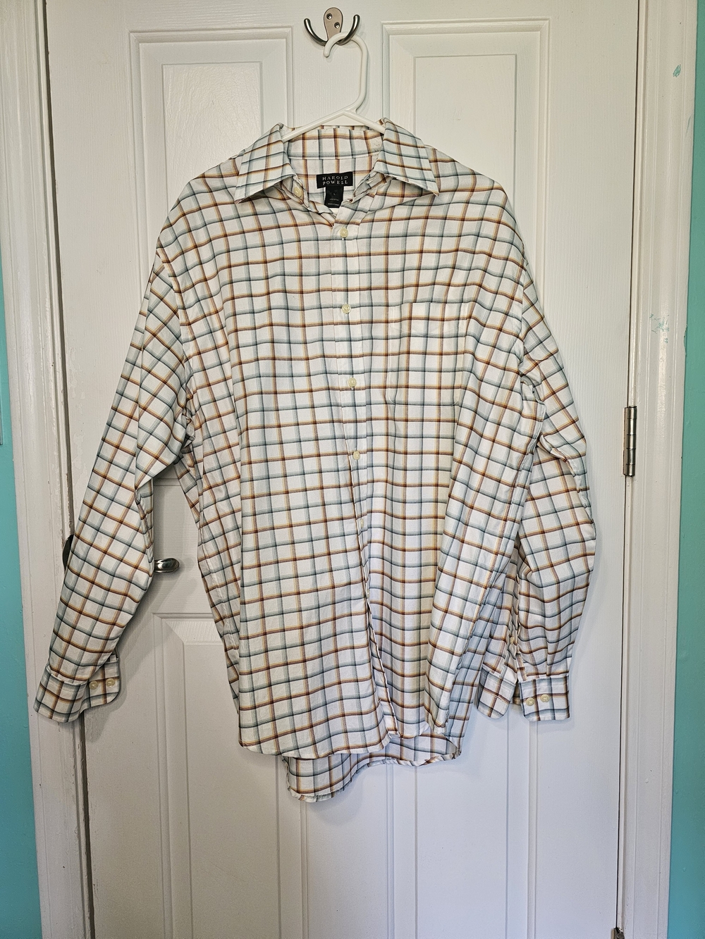 Harold Powell Plaid Long Sleeve Button-Up Shirt in Cream & Blue Men's Size L